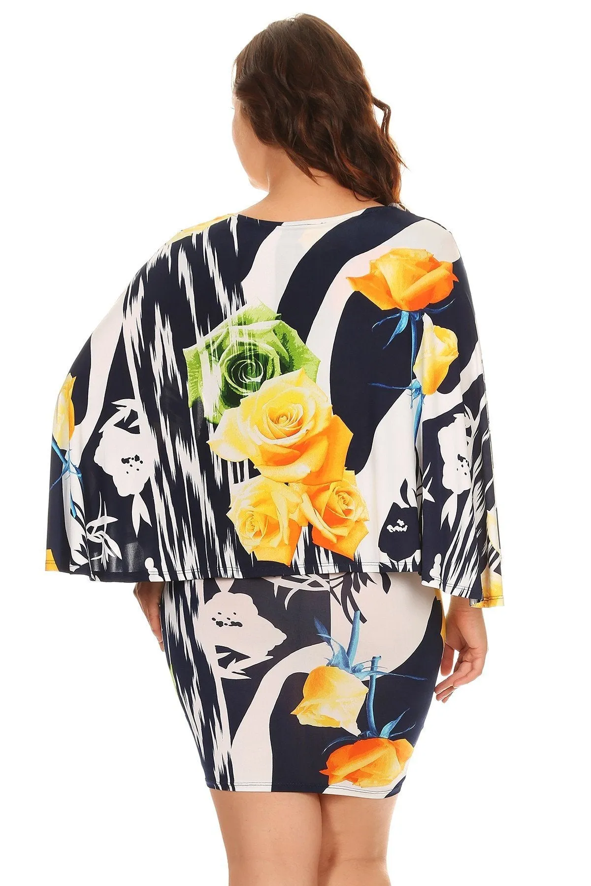 Plus Size Cape Detail Floral printed V-Neck Bodycon Dress