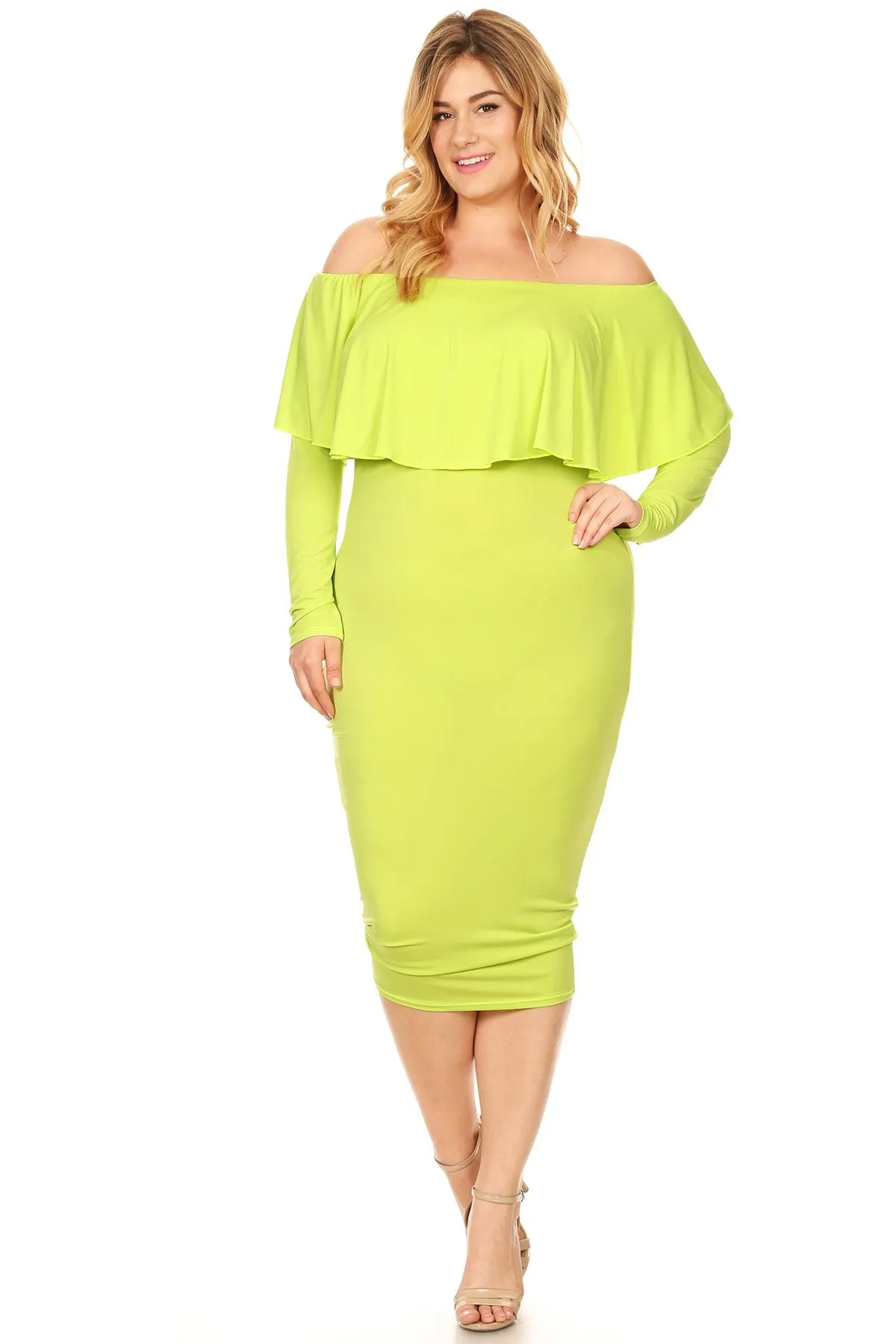 Plus Size Off Shoulder Ruffle Bodycon Midi Party Dress