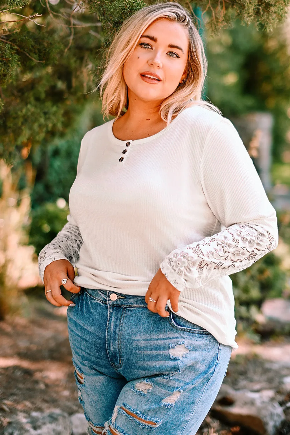 Plus Size Spliced Lace Ribbed Henley Top