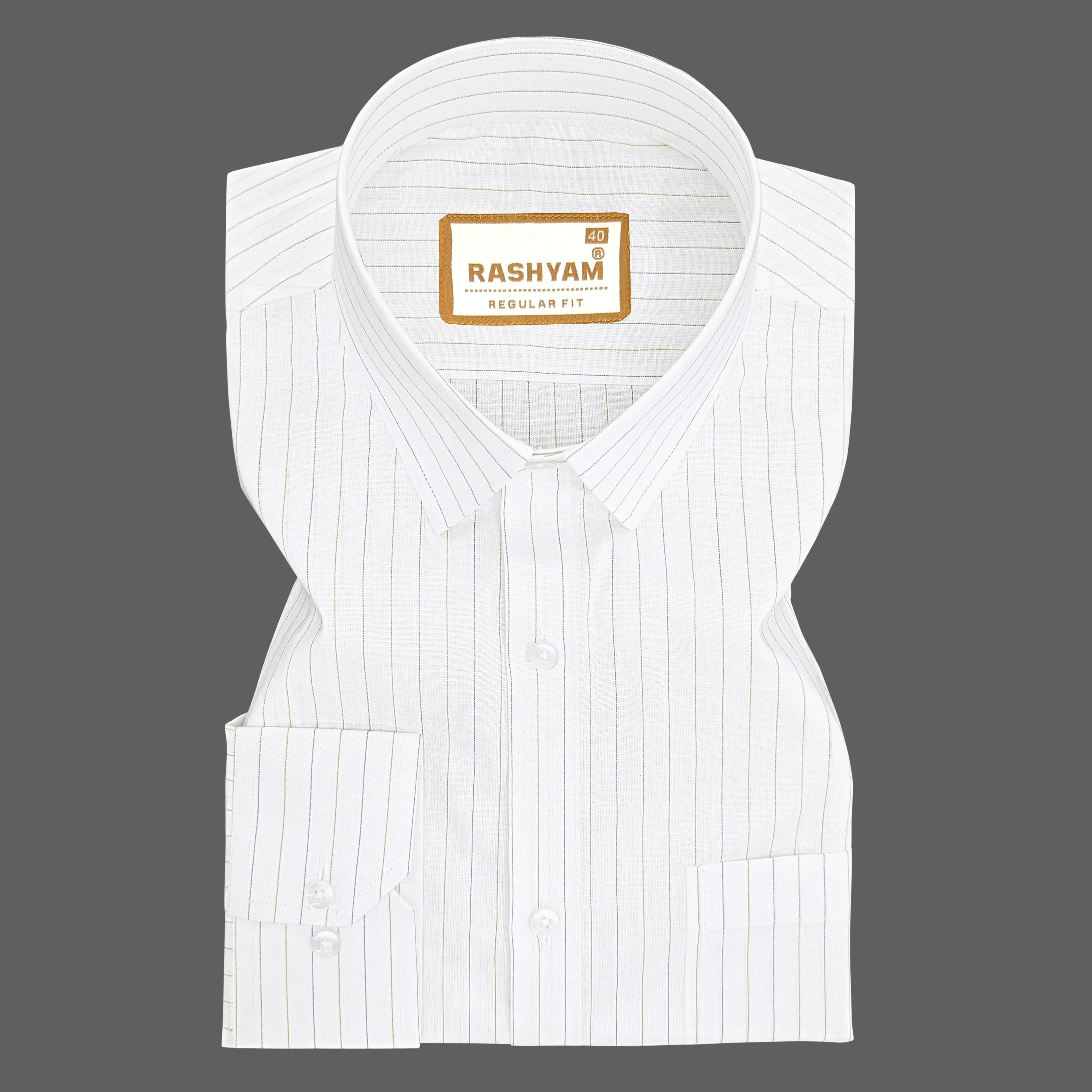 Premium Navy And Green Stripe On White Cotton Formal Shirt For Men