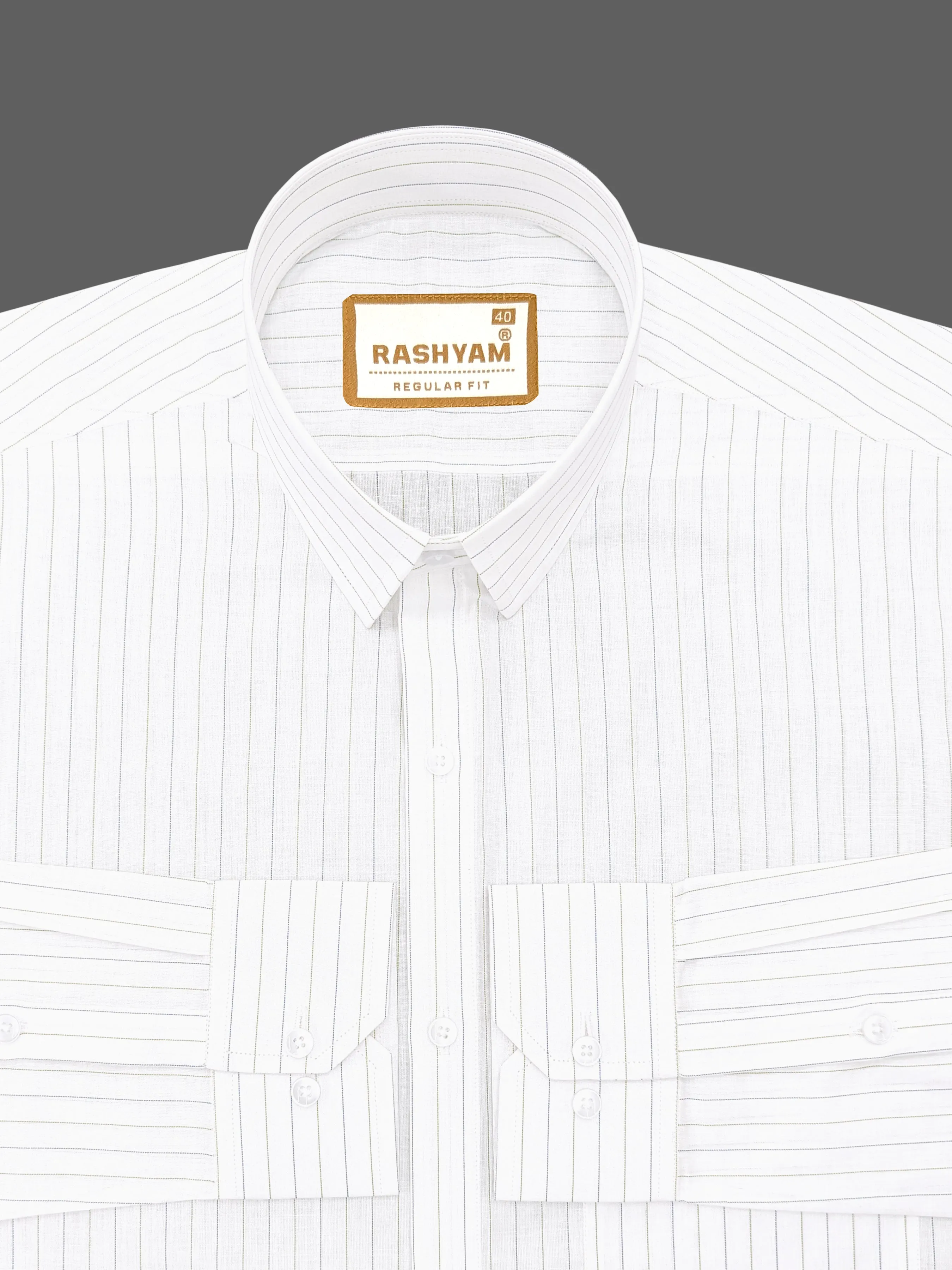 Premium Navy And Green Stripe On White Cotton Formal Shirt For Men