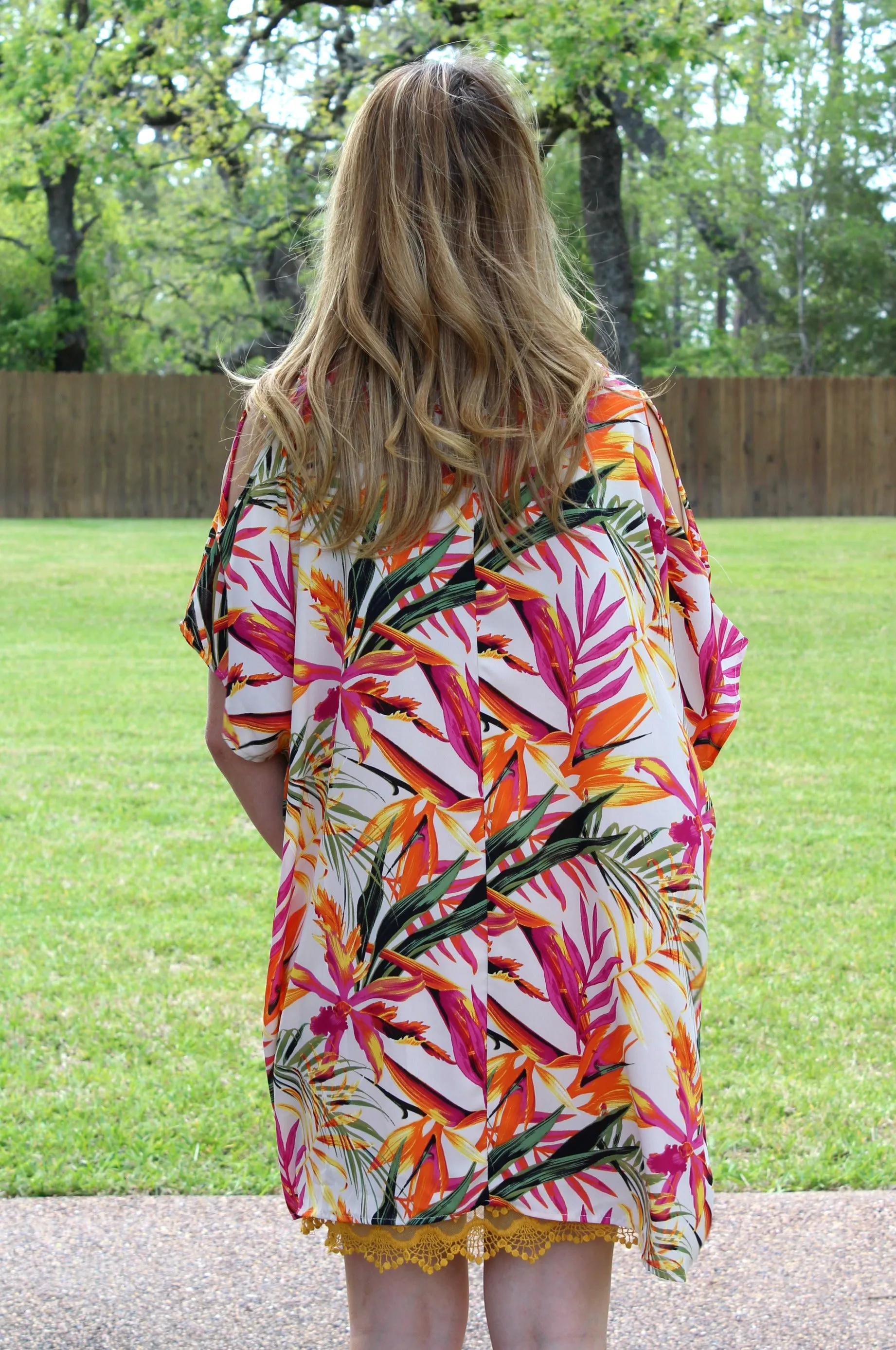 Pretty Little Thing Sheer Open Shoulder Tunic in Tropical Palm (Oversized)