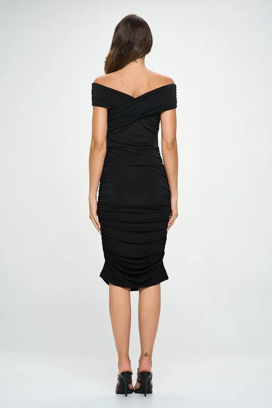 RENEE C. Black Off Shoulder Midi Bodycon Dress with Ruched