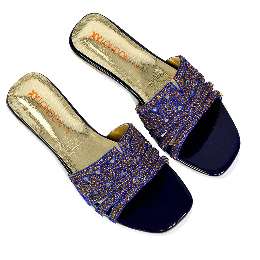 Sam Cut Out Square Toe Sparkly Front Strap Flat Diamante Sandals in Gold