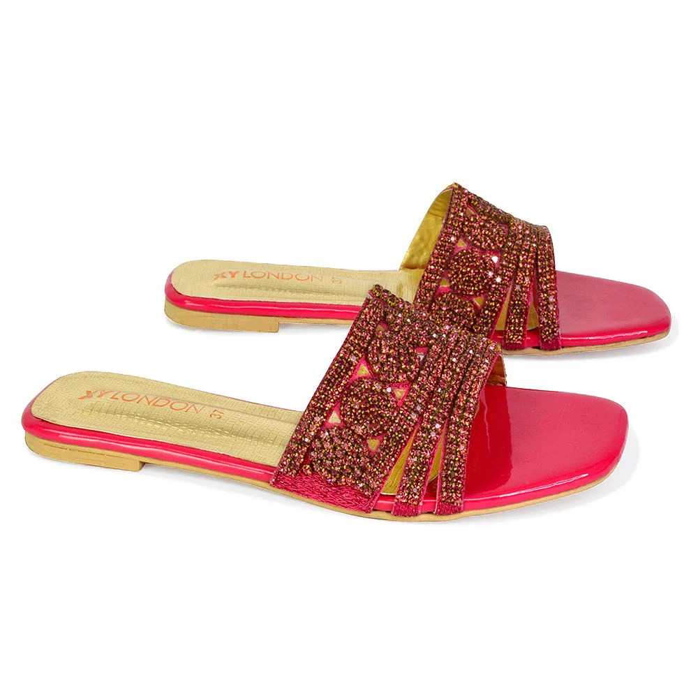 Sam Cut Out Square Toe Sparkly Front Strap Flat Diamante Sandals in Gold