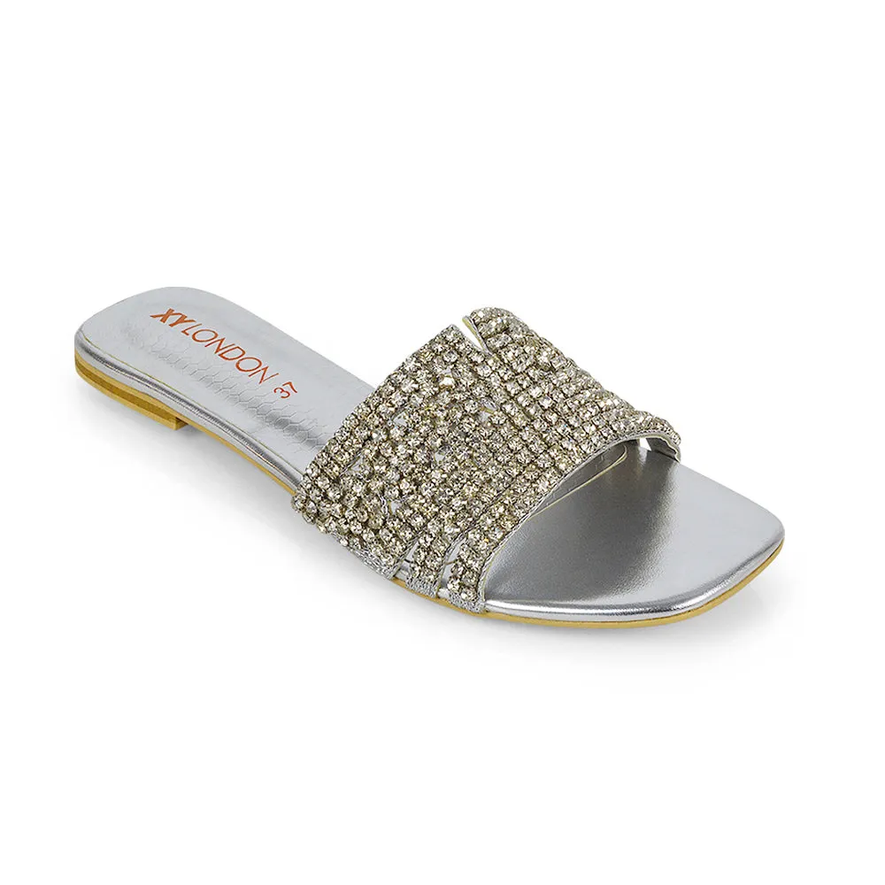 Sam Cut Out Square Toe Sparkly Front Strap Flat Diamante Sandals in Gold