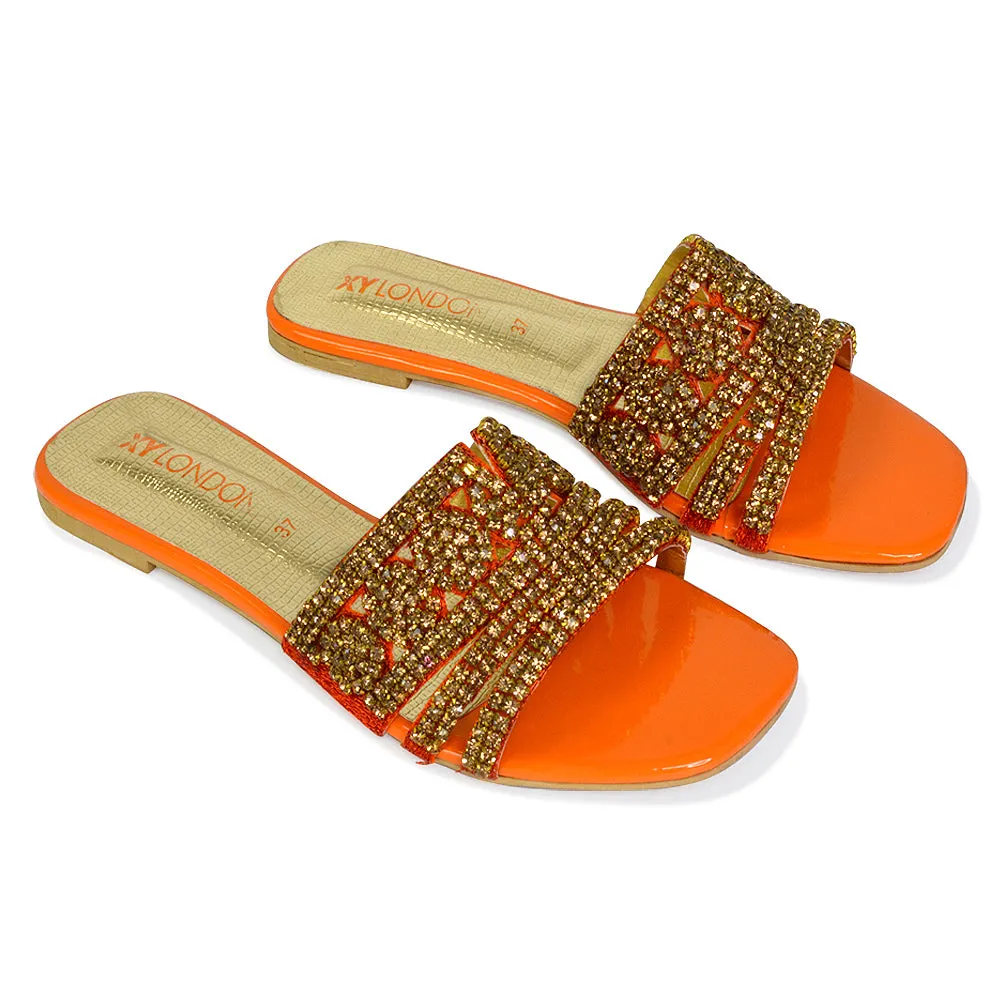 Sam Cut Out Square Toe Sparkly Front Strap Flat Diamante Sandals in Gold