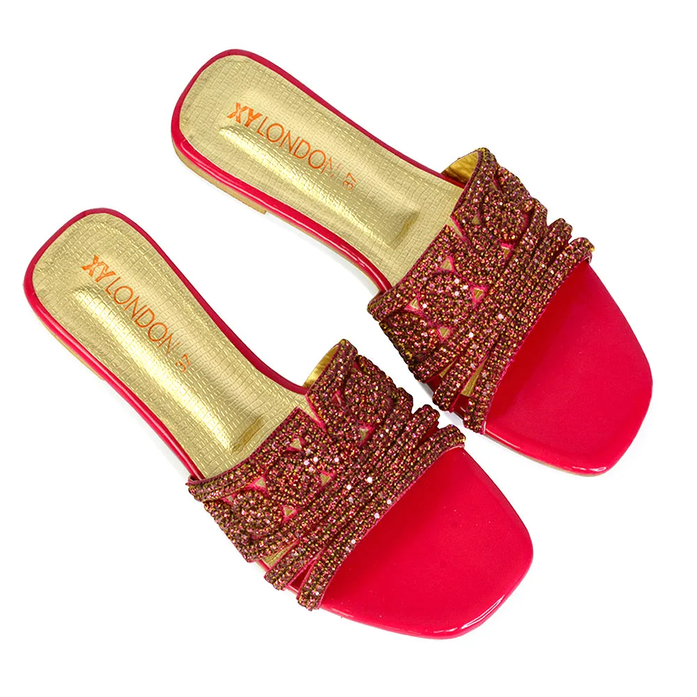 Sam Cut Out Square Toe Sparkly Front Strap Flat Diamante Sandals in Gold