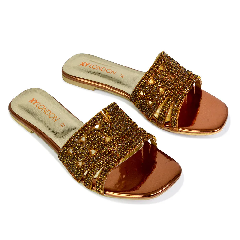 Sam Cut Out Square Toe Sparkly Front Strap Flat Diamante Sandals in Gold