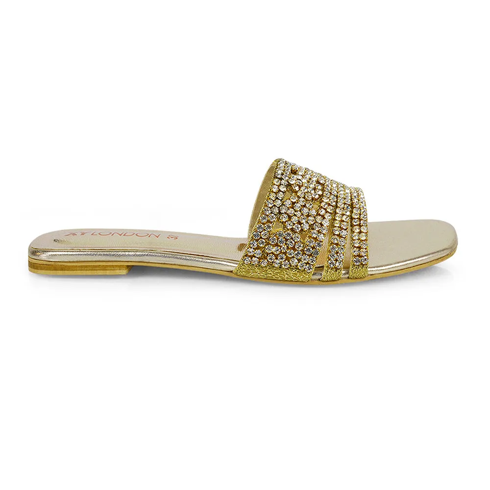 Sam Cut Out Square Toe Sparkly Front Strap Flat Diamante Sandals in Gold