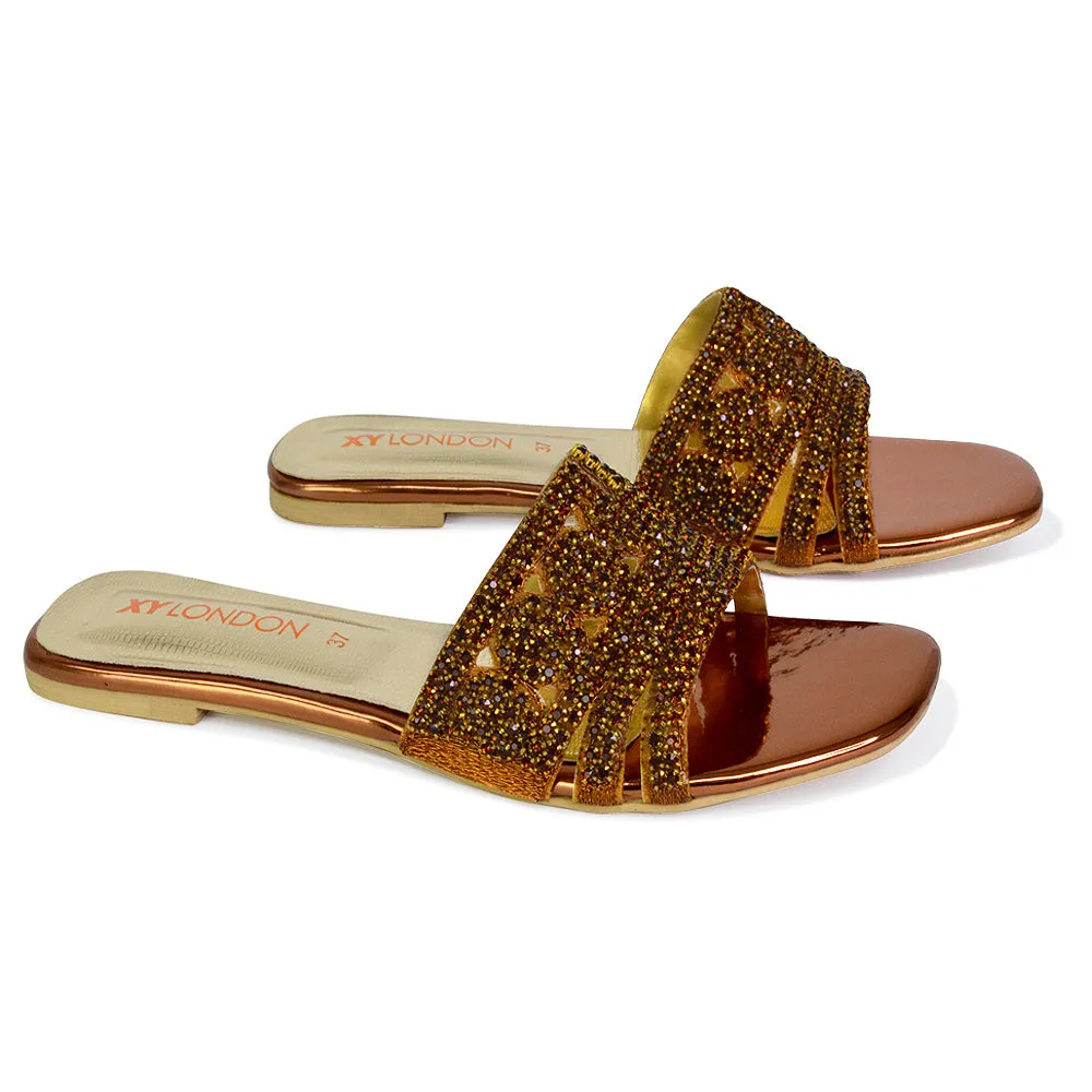 Sam Cut Out Square Toe Sparkly Front Strap Flat Diamante Sandals in Gold