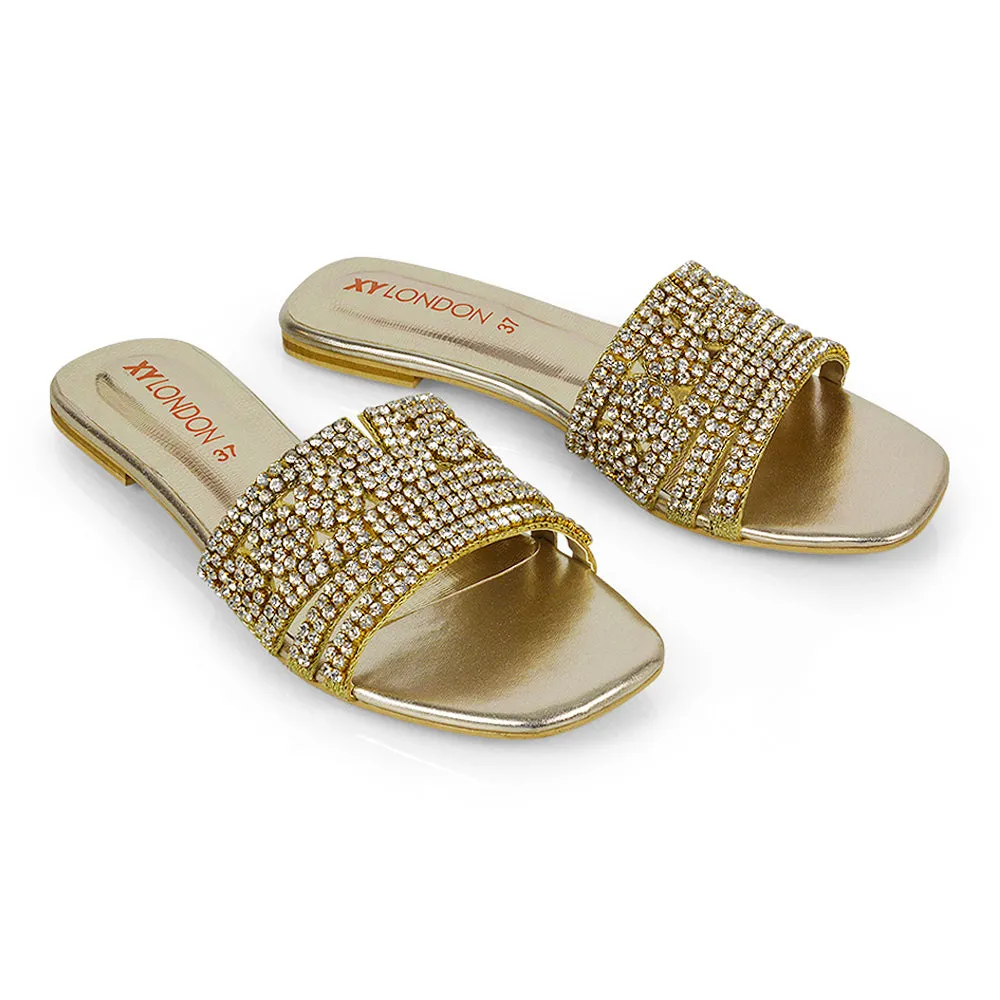 Sam Cut Out Square Toe Sparkly Front Strap Flat Diamante Sandals in Gold