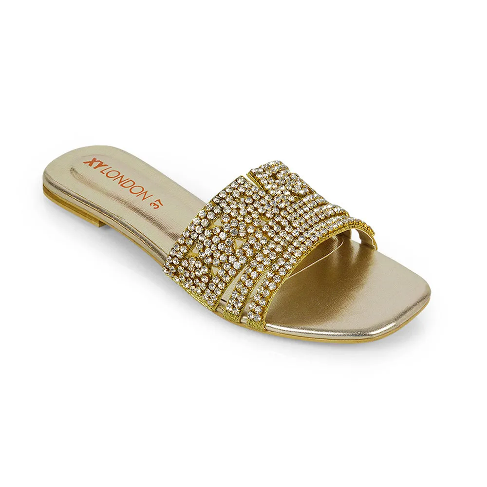 Sam Cut Out Square Toe Sparkly Front Strap Flat Diamante Sandals in Gold