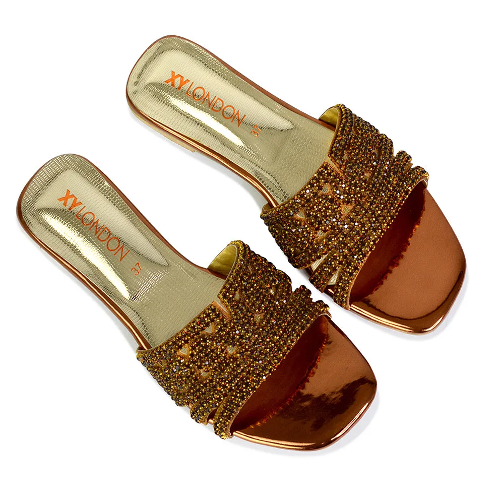 Sam Cut Out Square Toe Sparkly Front Strap Flat Diamante Sandals in Gold