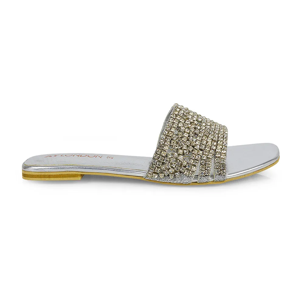 Sam Cut Out Square Toe Sparkly Front Strap Flat Diamante Sandals in Gold