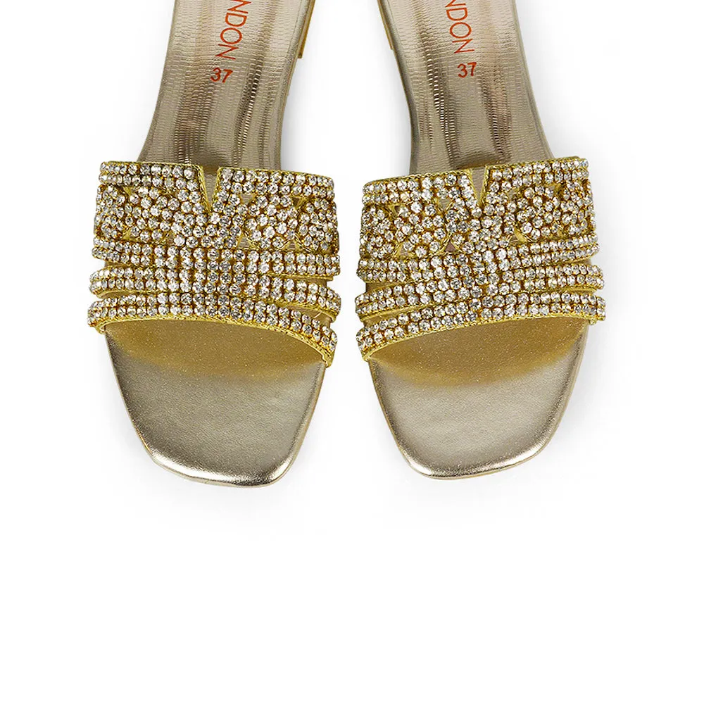 Sam Cut Out Square Toe Sparkly Front Strap Flat Diamante Sandals in Gold