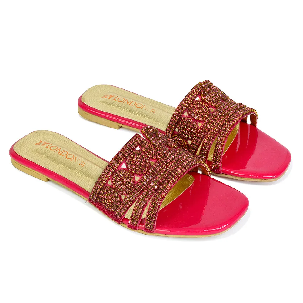 Sam Cut Out Square Toe Sparkly Front Strap Flat Diamante Sandals in Gold