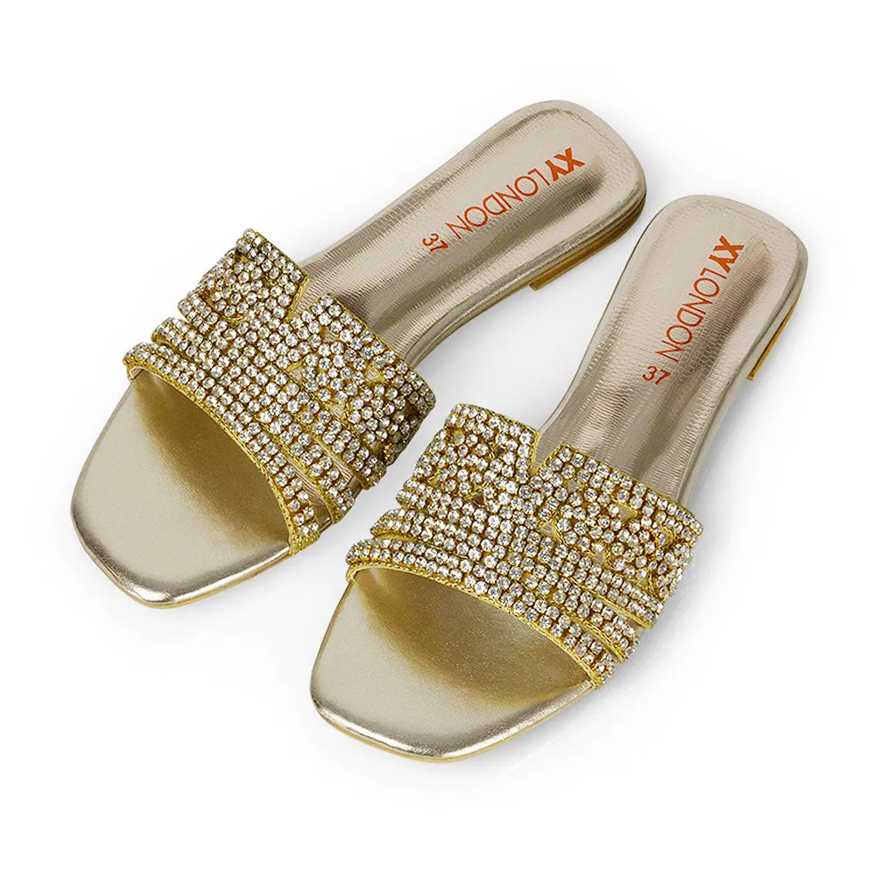 Sam Cut Out Square Toe Sparkly Front Strap Flat Diamante Sandals in Gold