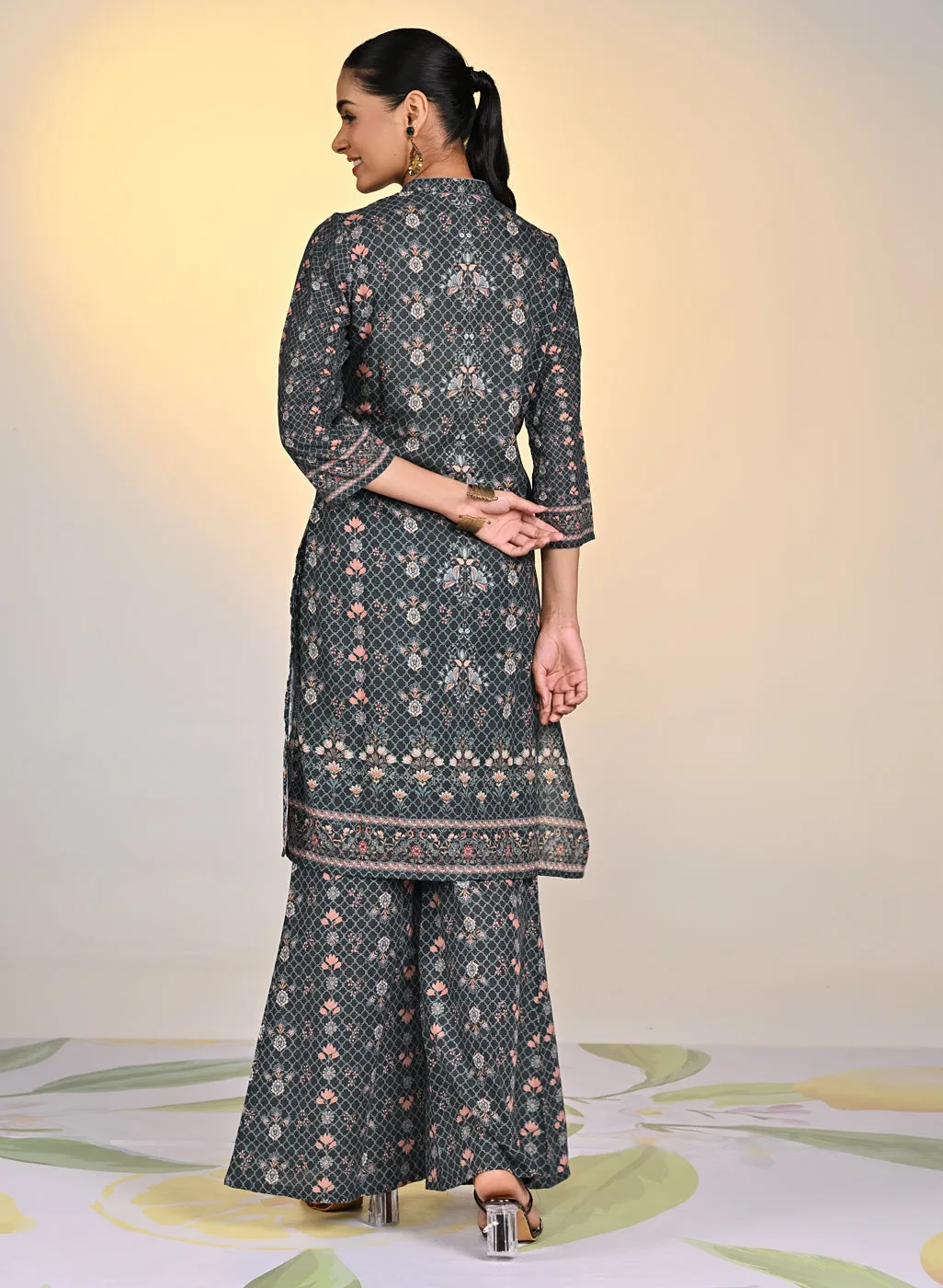 Sehra Black Printed Schiffli Tunic Set For Women