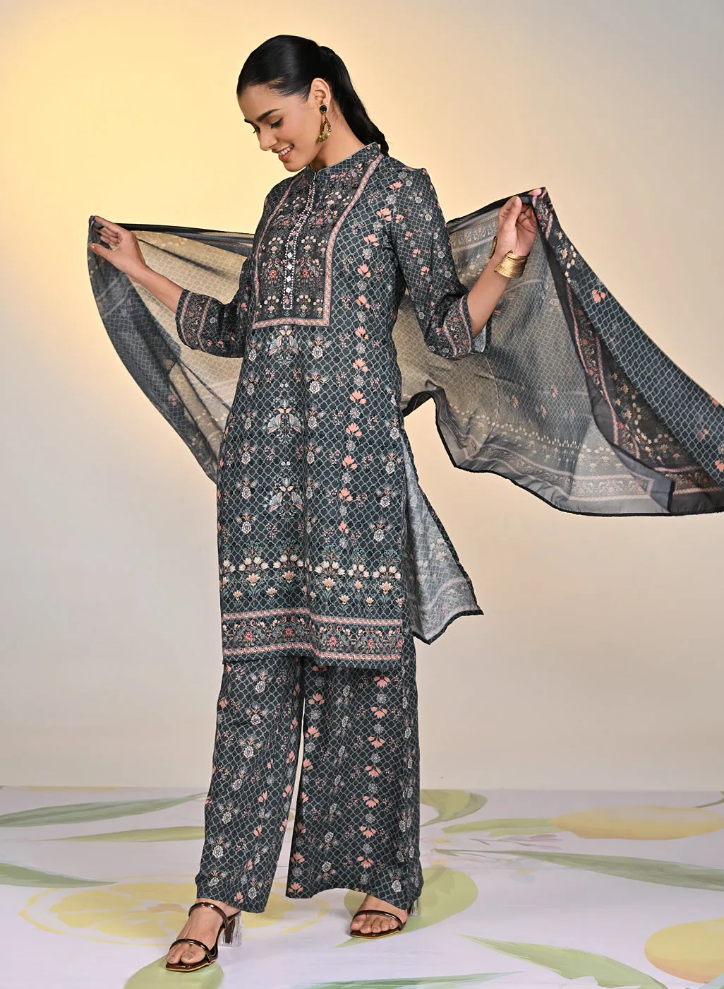 Sehra Black Printed Schiffli Tunic Set For Women