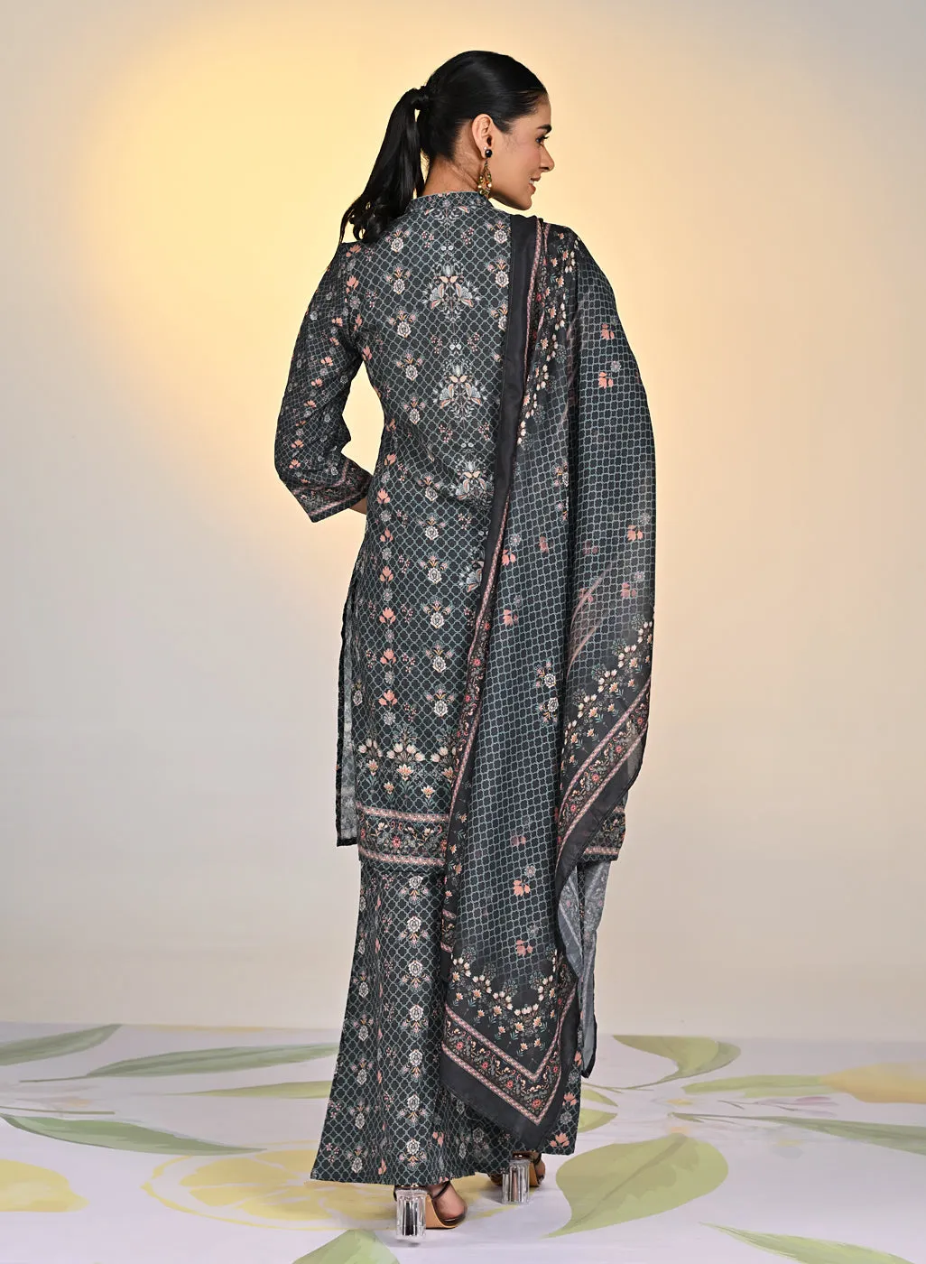 Sehra Black Printed Schiffli Tunic Set For Women