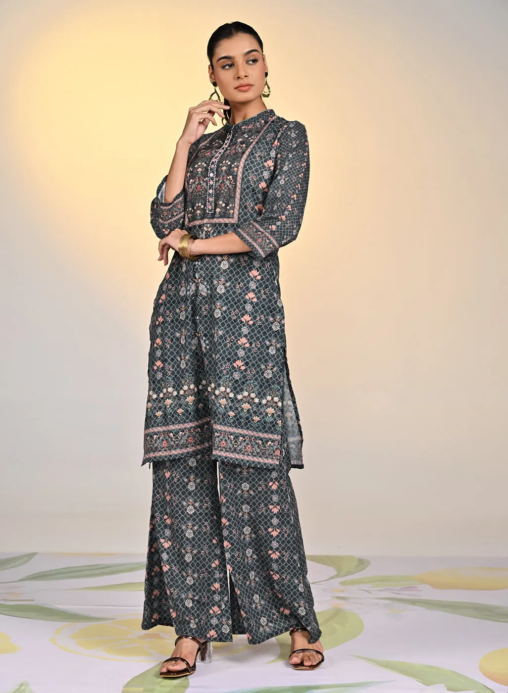 Sehra Black Printed Schiffli Tunic Set For Women