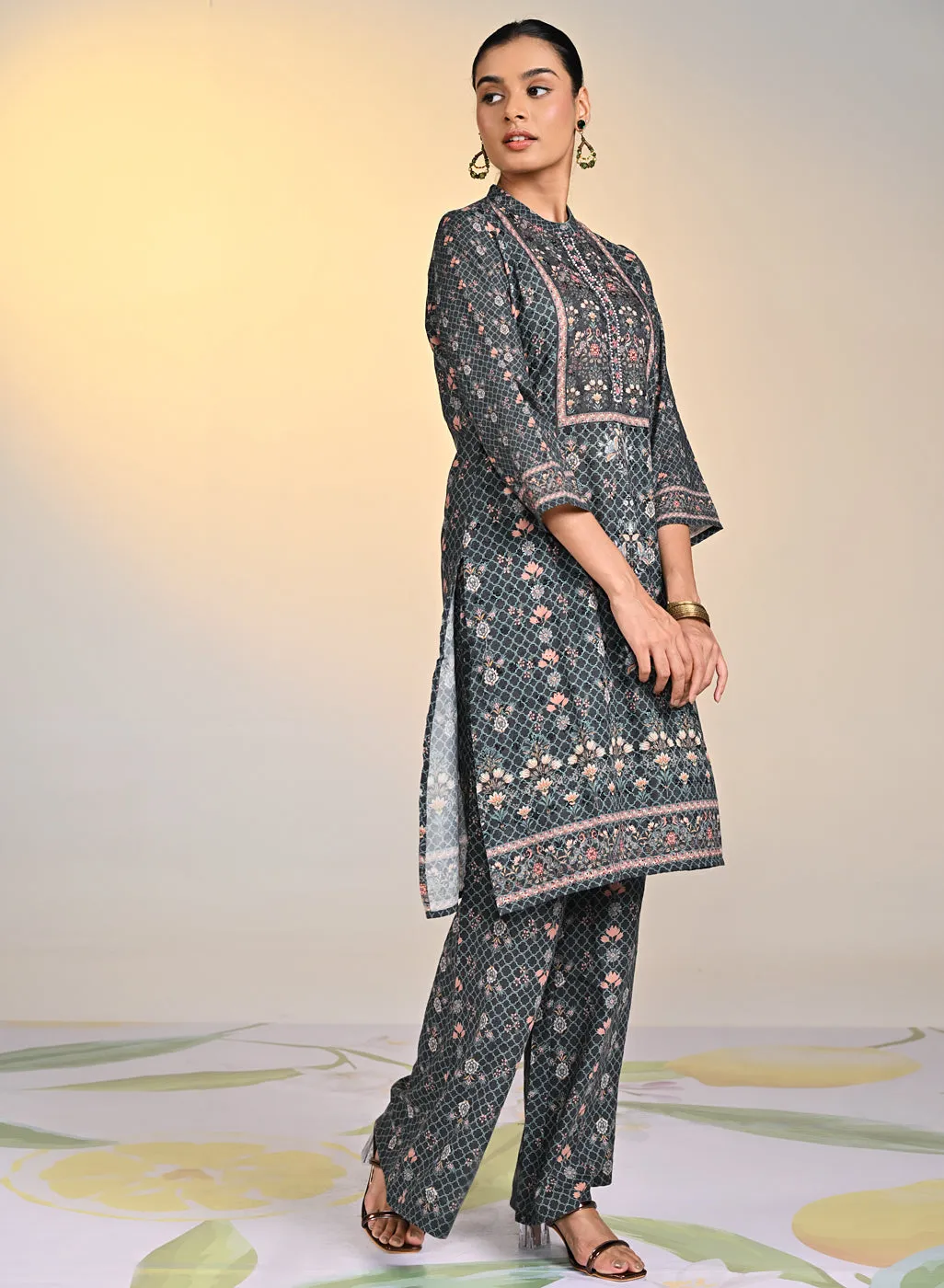 Sehra Black Printed Schiffli Tunic Set For Women