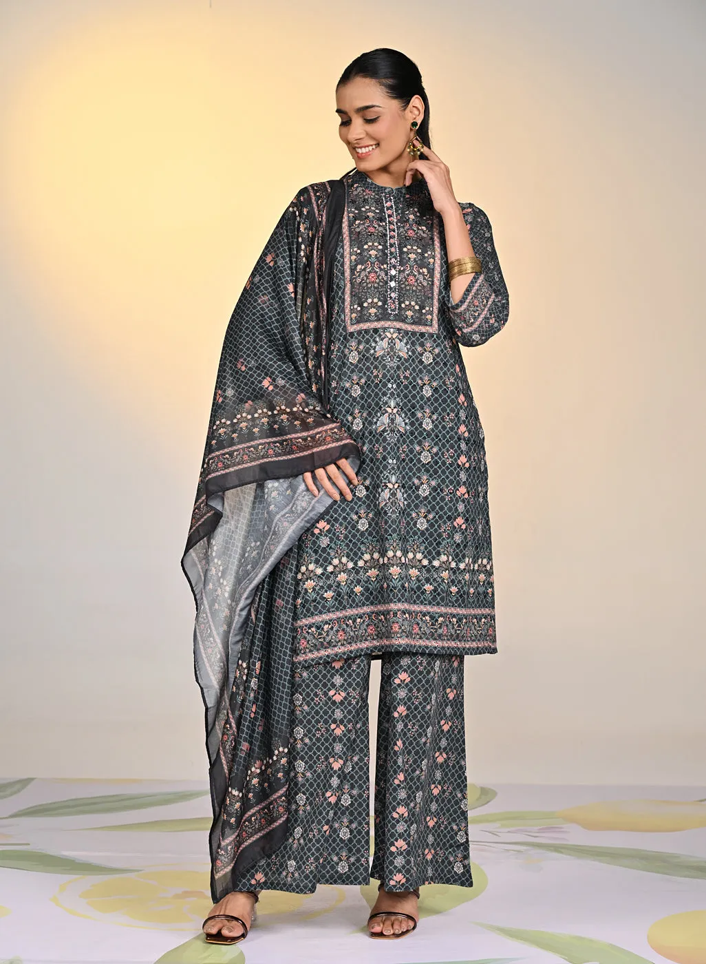 Sehra Black Printed Schiffli Tunic Set For Women