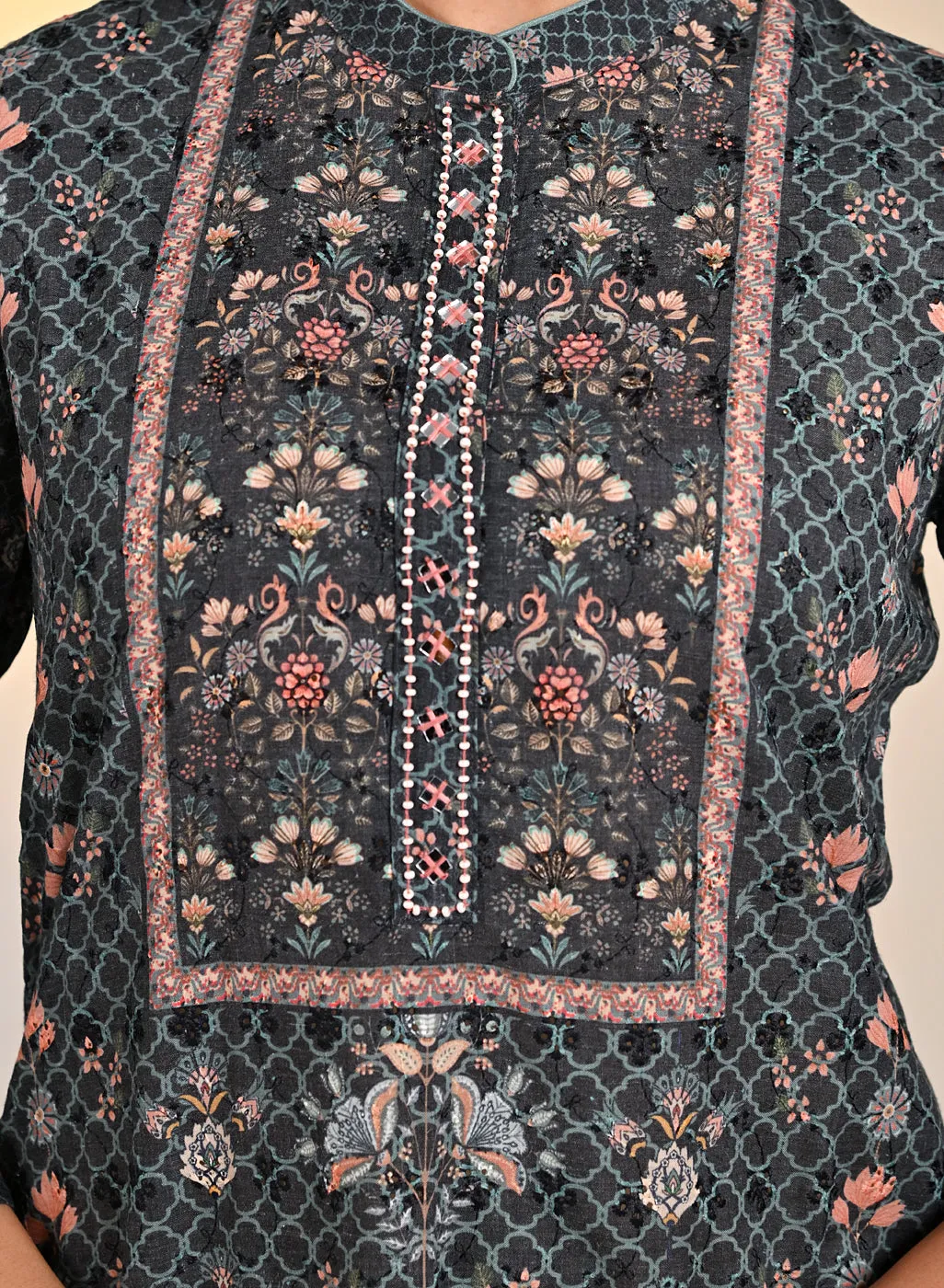 Sehra Black Printed Schiffli Tunic Set For Women