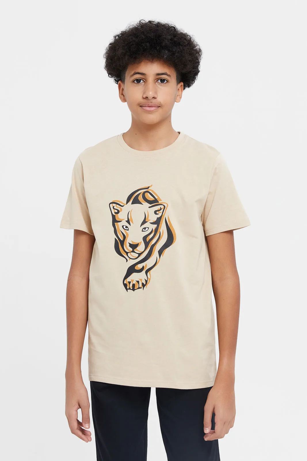 Senior Boys Beige And Black Tiger Pyjama Set (2 Piece)