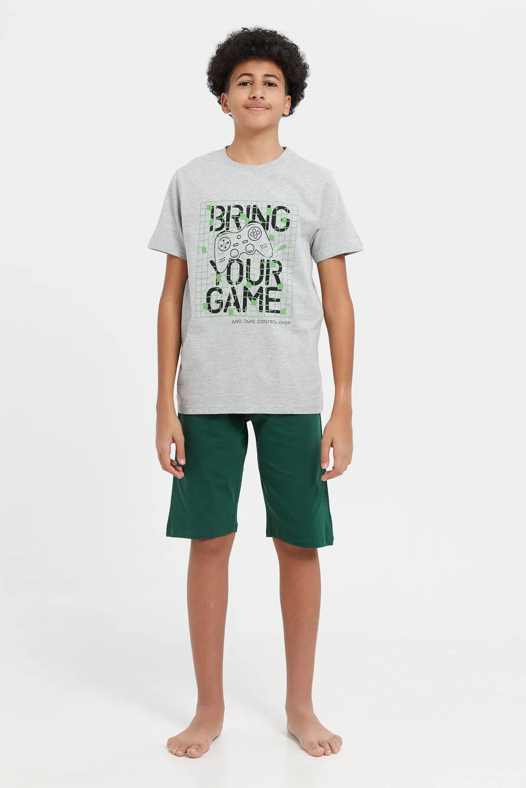 Senior Boys Grey And Green Bring Your Game Pyjama Set (2 Piece)