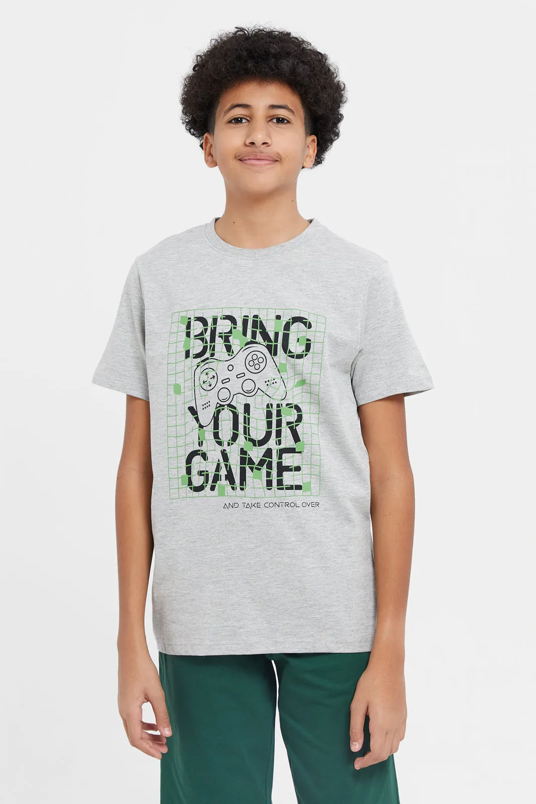 Senior Boys Grey And Green Bring Your Game Pyjama Set (2 Piece)