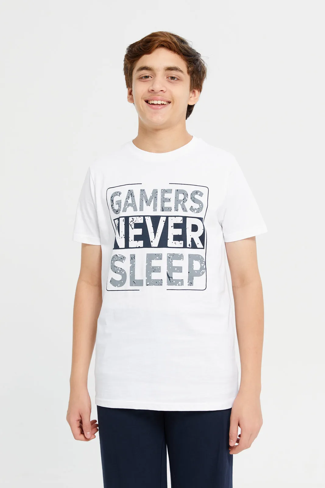 Senior Boys White And Black Gamers Never Sleep Pyjama Set (2 Piece)