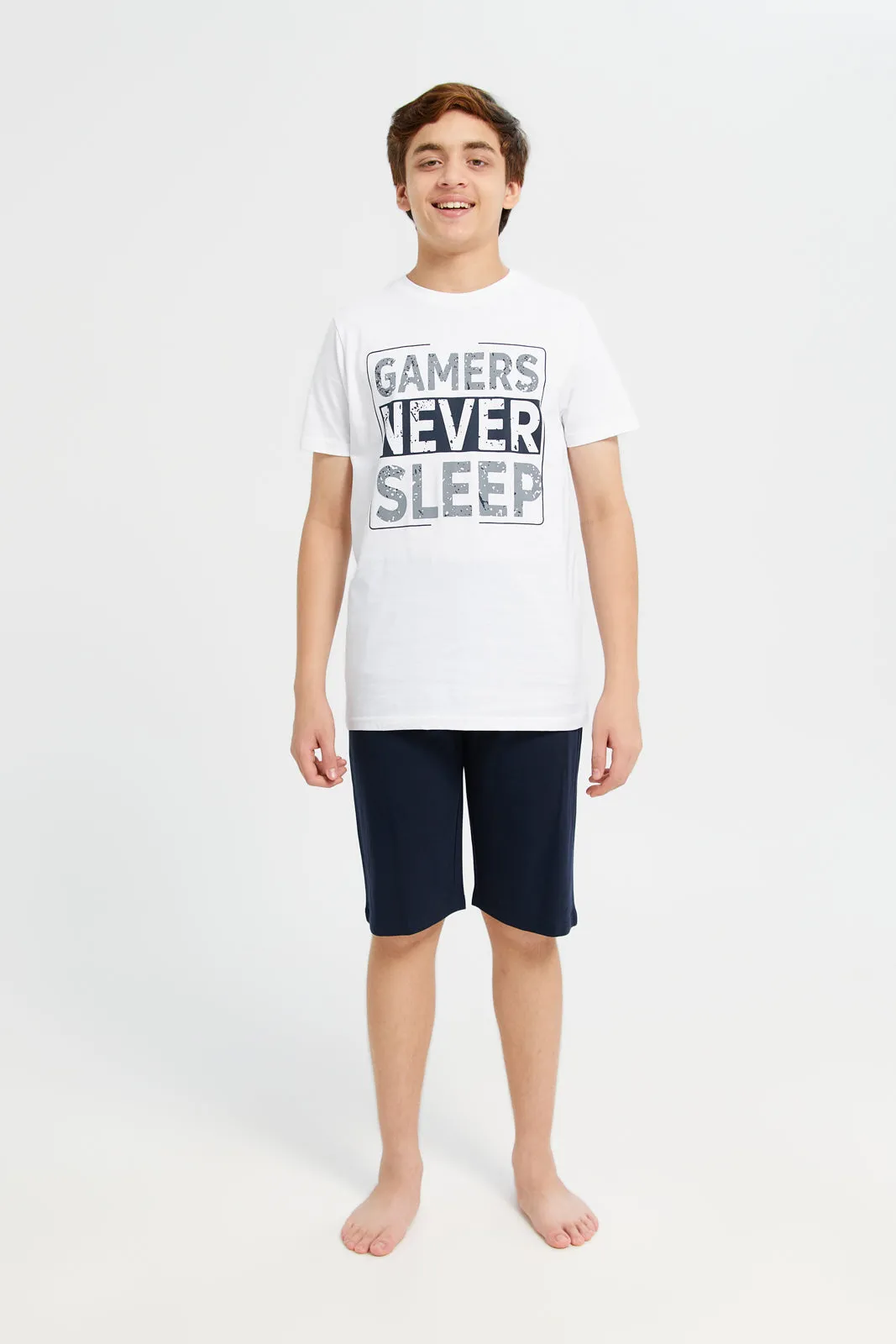 Senior Boys White And Black Gamers Never Sleep Pyjama Set (2 Piece)