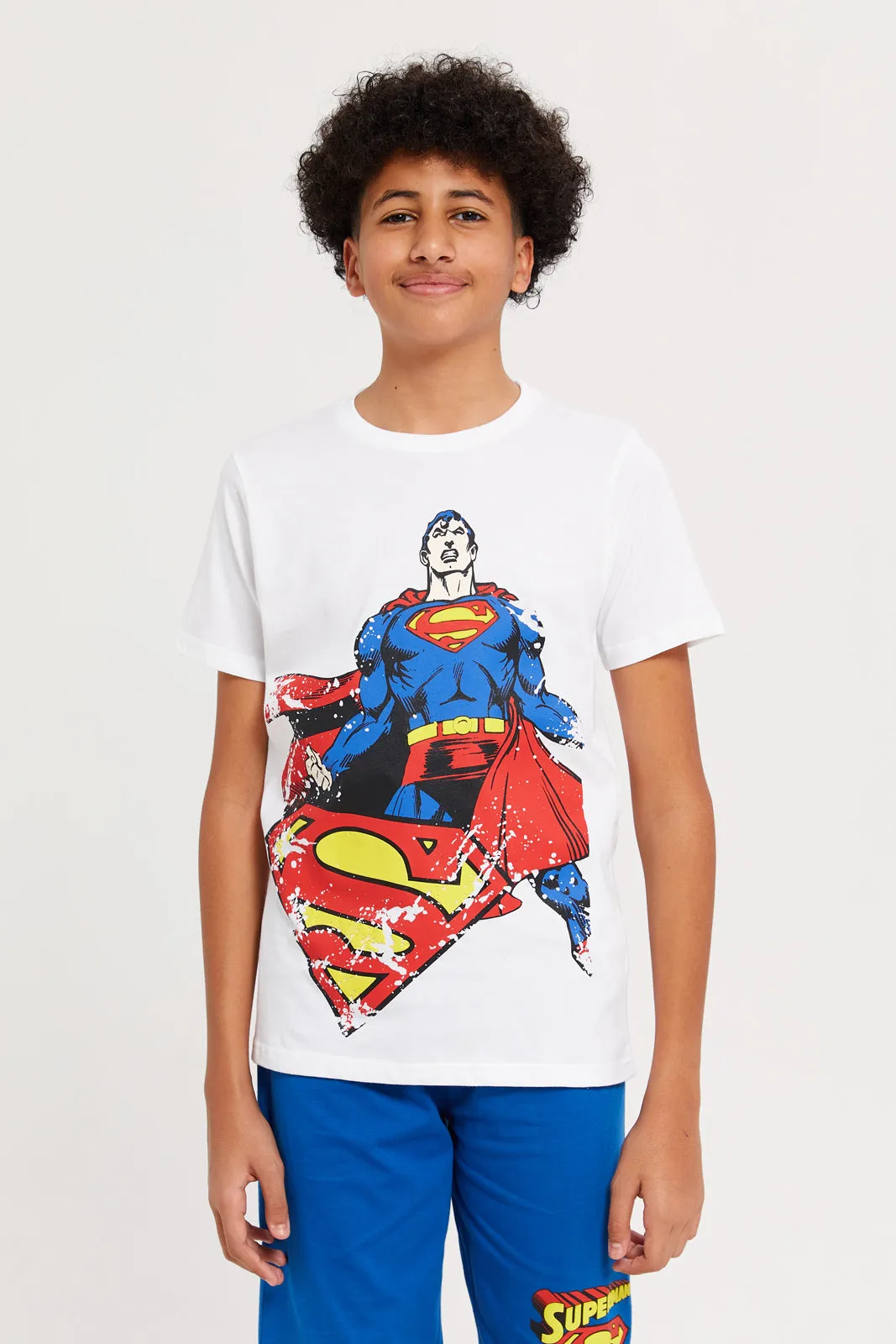 Senior Boys White And Blue Superman Night Suit (2 Piece)