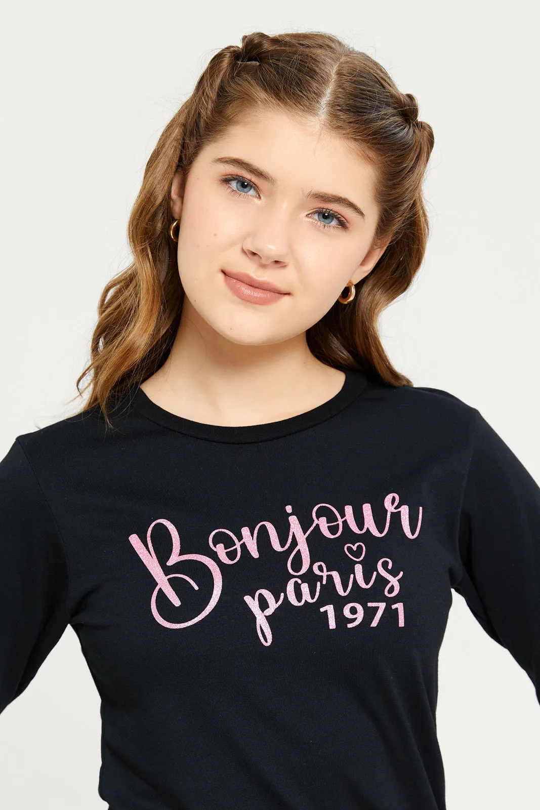 Senior Girls Black Bonjour Paris Print T-Shirt