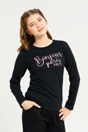 Senior Girls Black Bonjour Paris Print T-Shirt