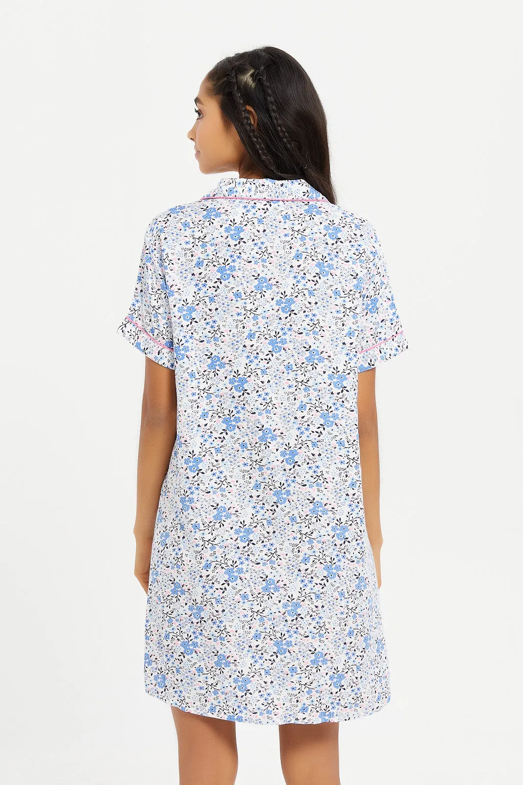 Senior Girls Cream And Blue Floral Night Shirt Dress