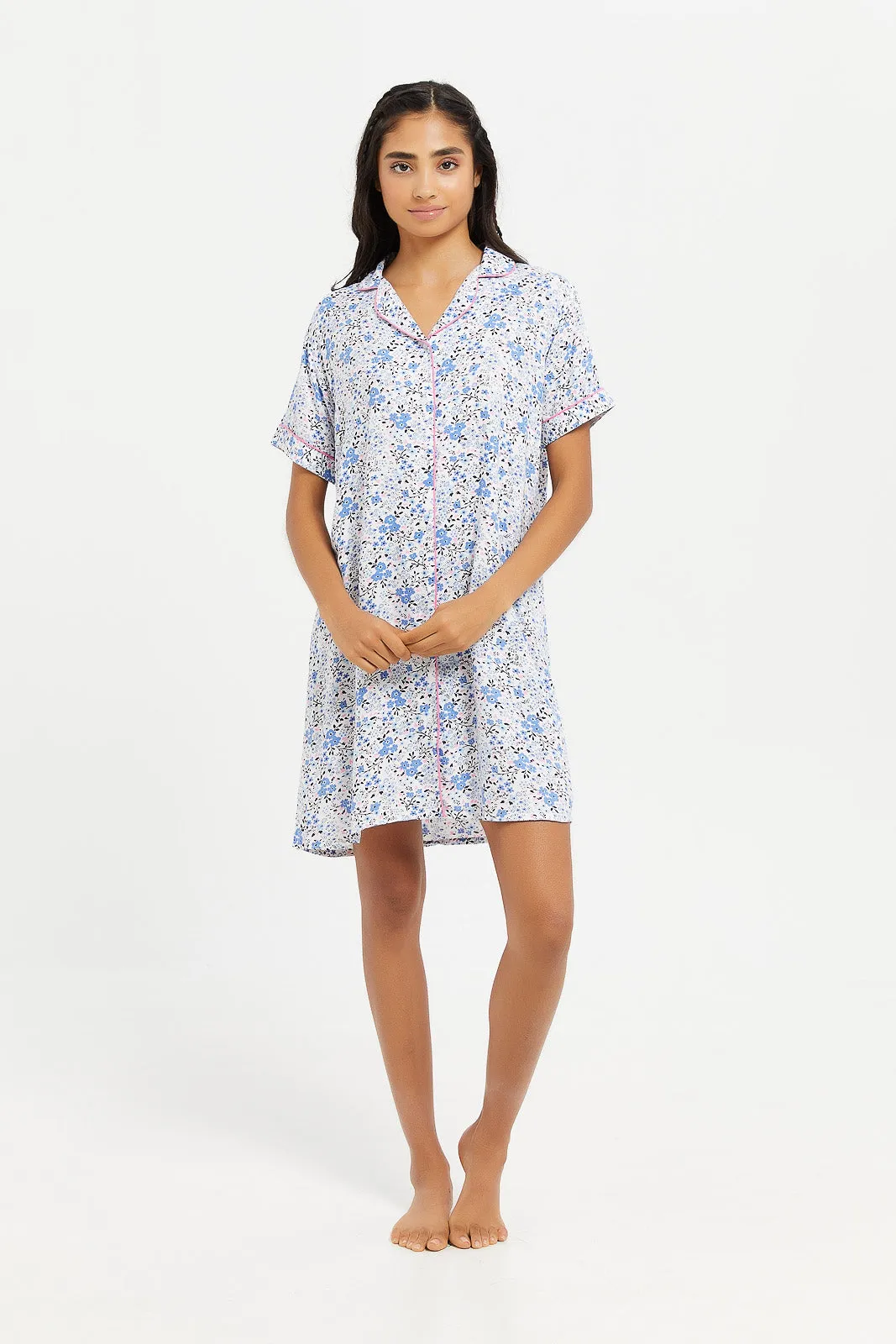 Senior Girls Cream And Blue Floral Night Shirt Dress