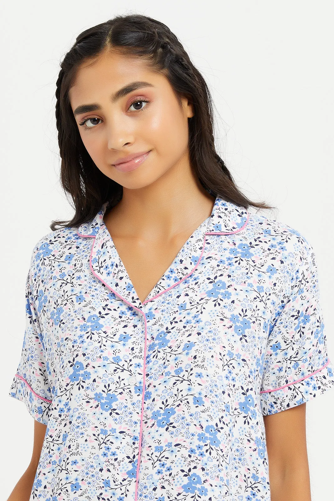 Senior Girls Cream And Blue Floral Night Shirt Dress