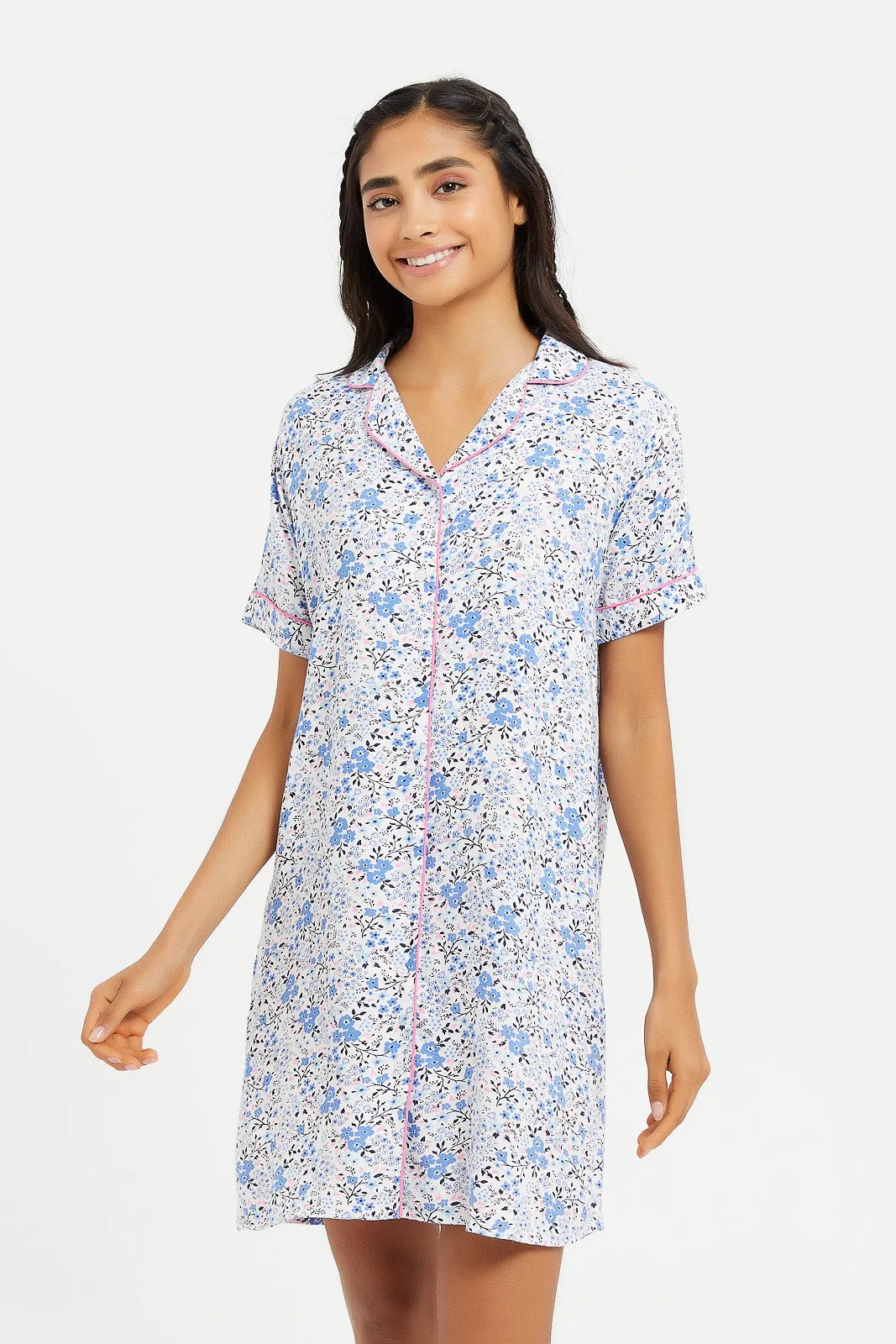 Senior Girls Cream And Blue Floral Night Shirt Dress