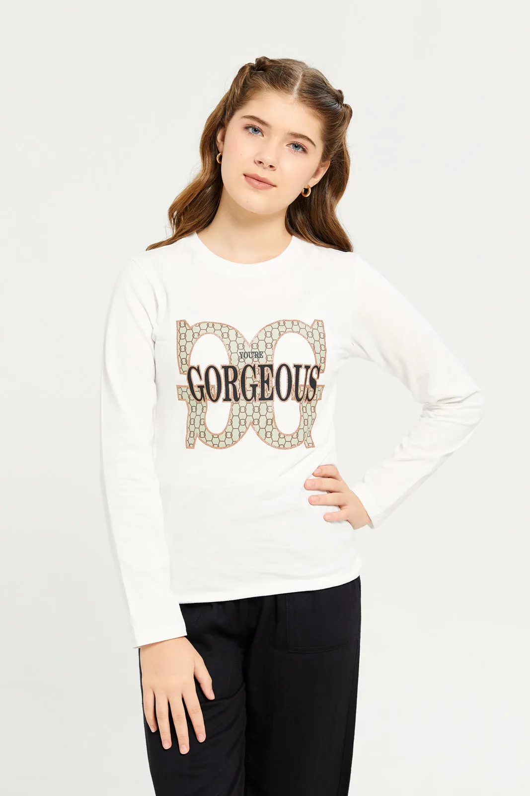 Senior Girls White Printed Long Sleeved T-Shirt