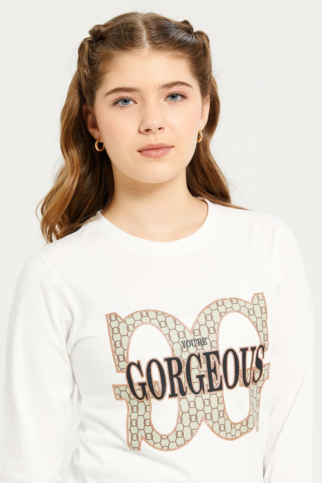 Senior Girls White Printed Long Sleeved T-Shirt