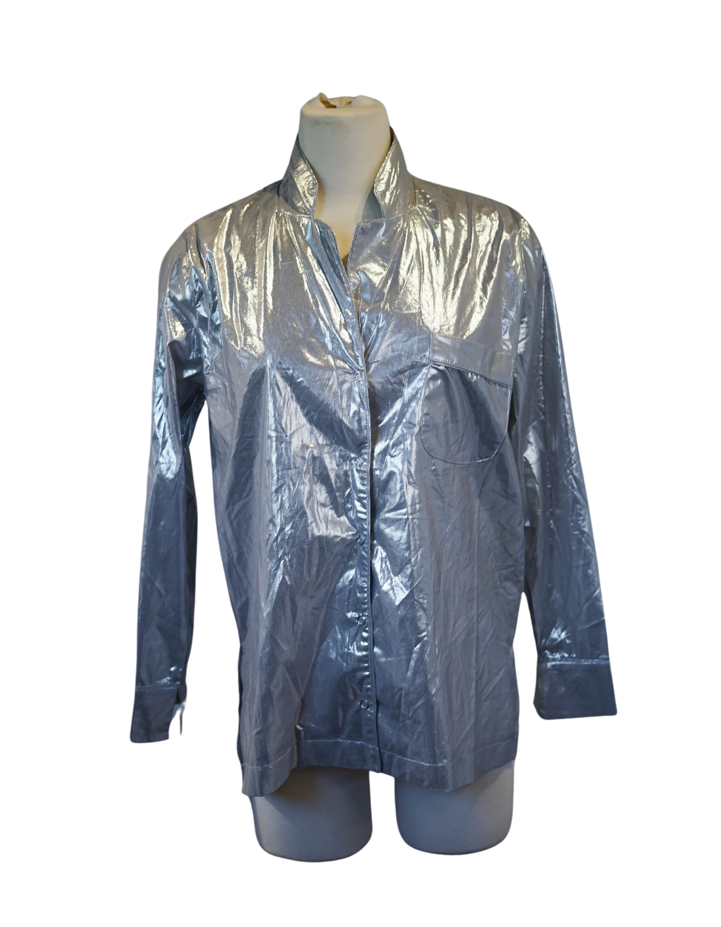 Silver Shiny Pajama-Style Shirt with Snap-Up Closure and Front Pocket