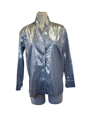 Silver Shiny Pajama-Style Shirt with Snap-Up Closure and Front Pocket