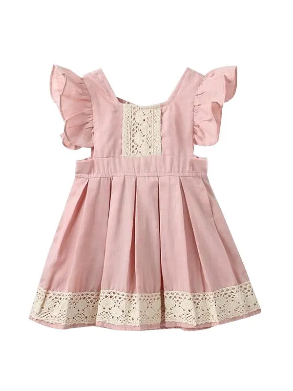 Solid Color Cute Paneled Flower Pattern Cotton Dress