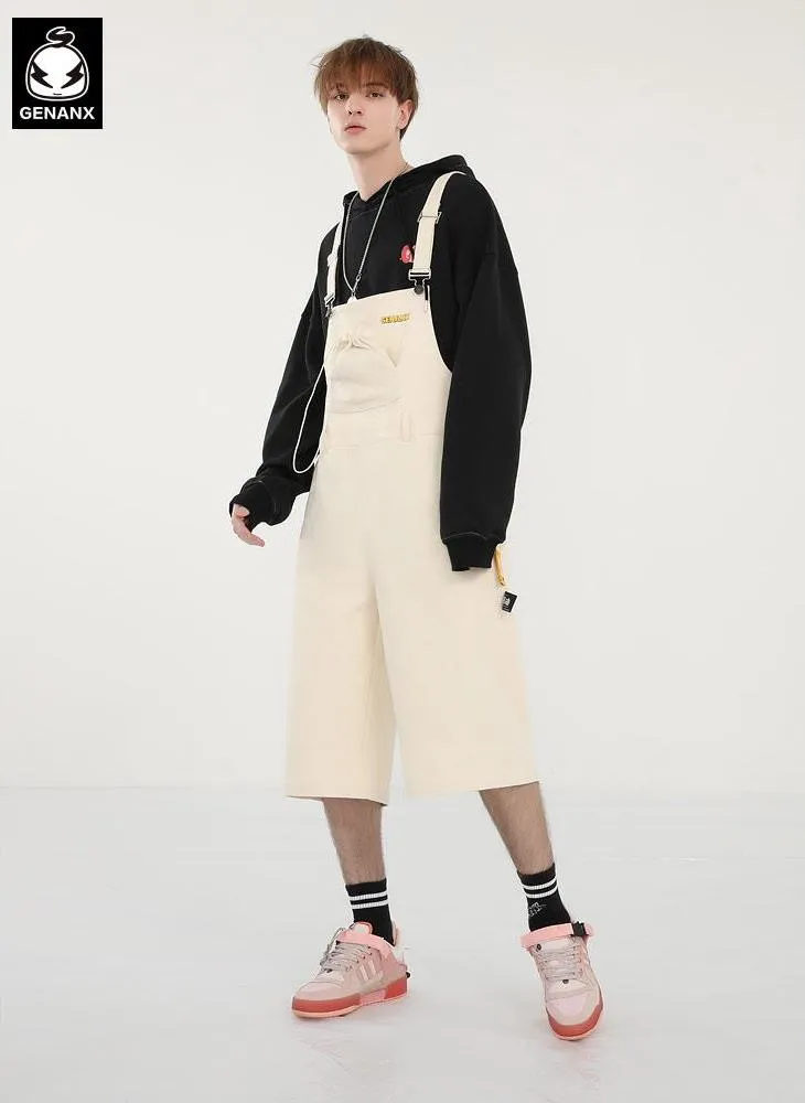 Solid Label Drawstring Pocket Cotton Overall Shorts