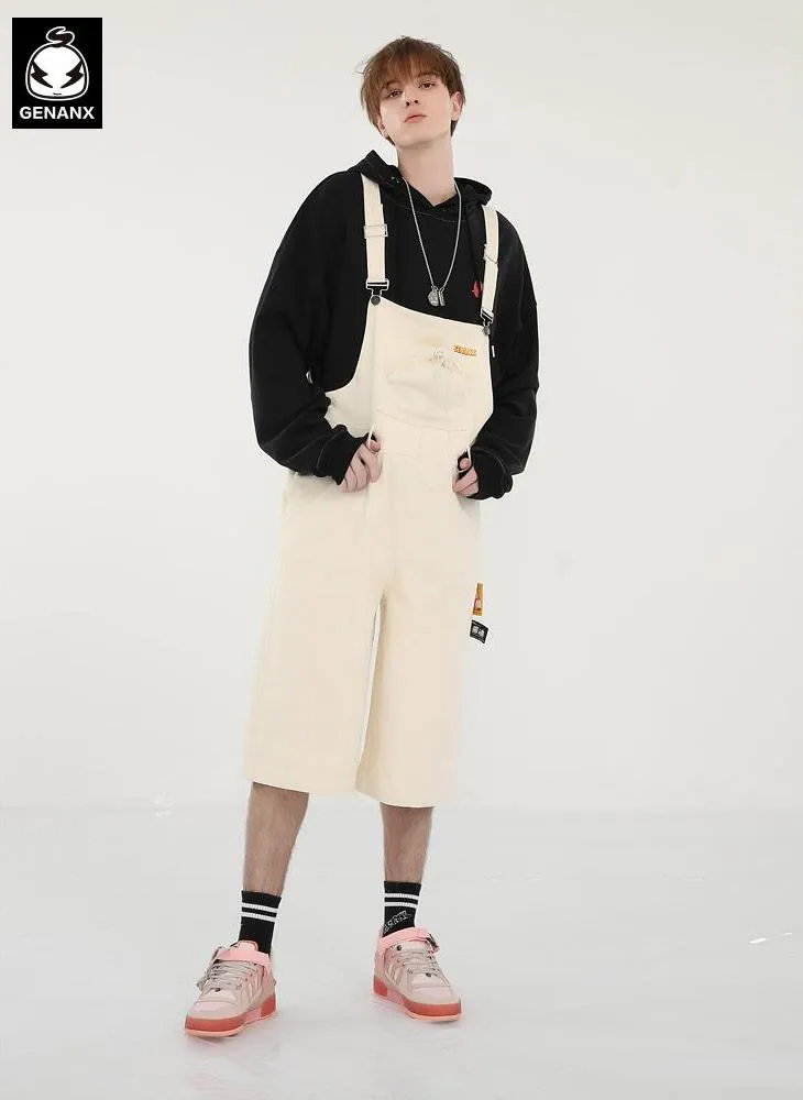 Solid Label Drawstring Pocket Cotton Overall Shorts