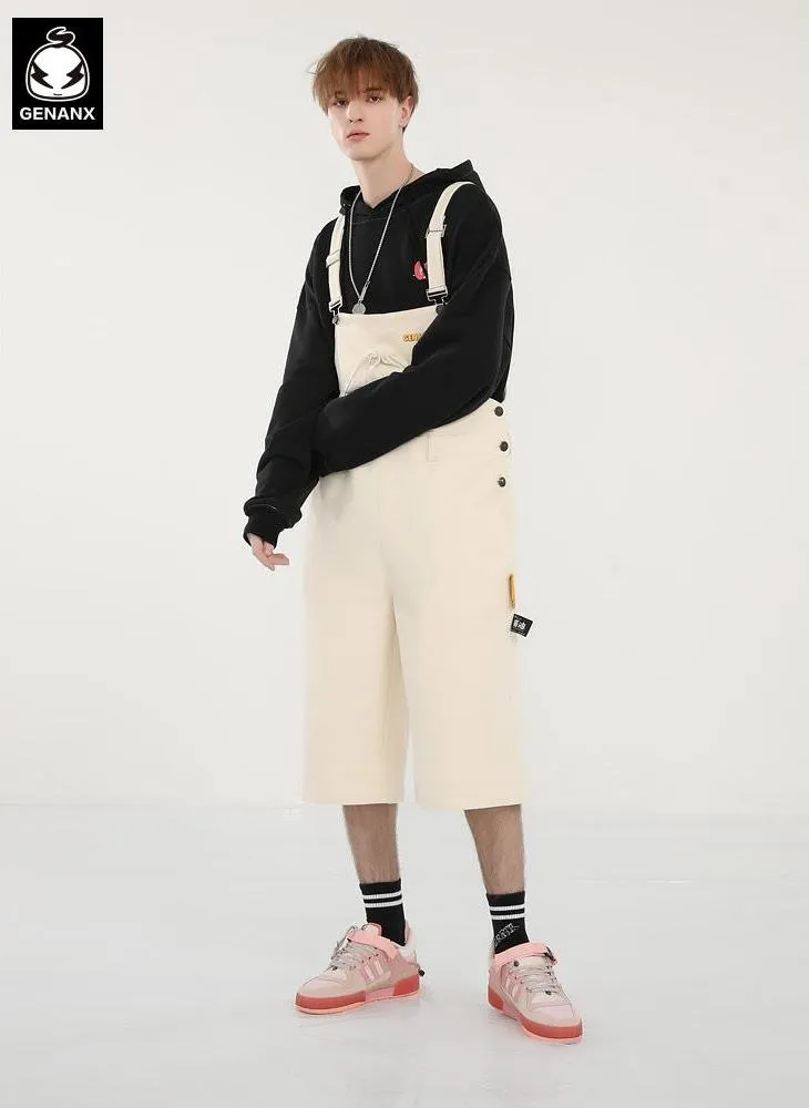 Solid Label Drawstring Pocket Cotton Overall Shorts