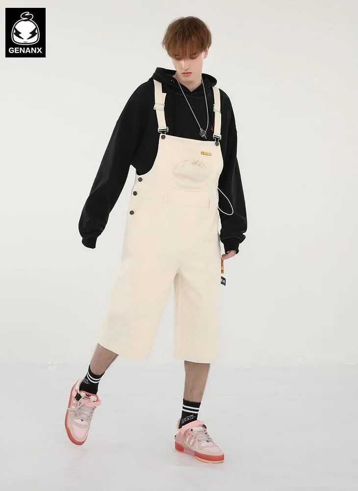 Solid Label Drawstring Pocket Cotton Overall Shorts